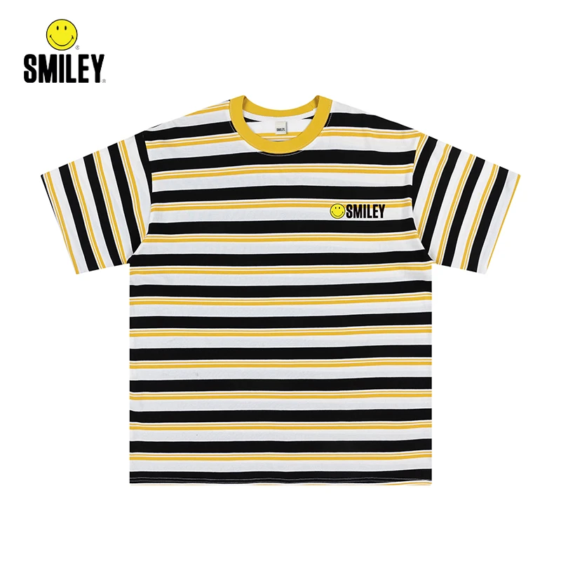SMILEY时尚潮牌男女款纯棉潮流条纹短袖夏季宽松情侣百搭T恤【AL】