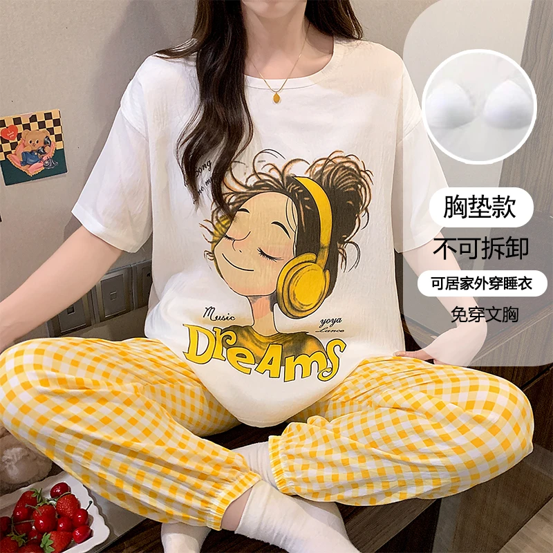 【三妹甄选】带胸垫卡通短袖长裤睡衣女夏休闲睡衣家居服套装6033