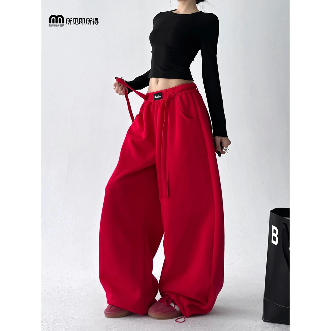 韩版2025新款高腰美式高腰抽绳宽松百搭直筒卫裤休闲阔腿裤女