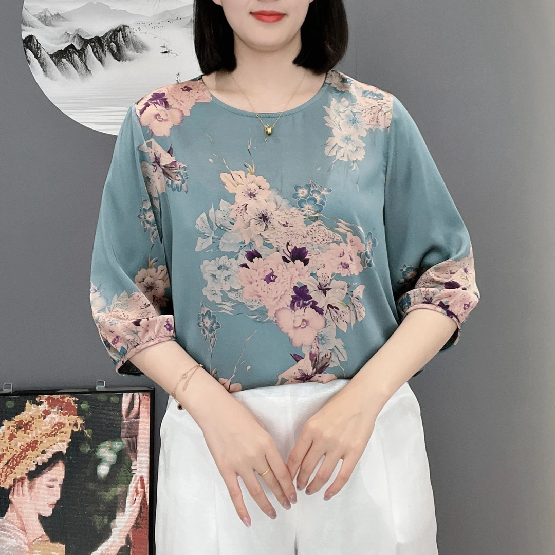 幽兰牡丹2025春季圆领半袖轻奢高定中老年女士休闲百搭上衣小衫