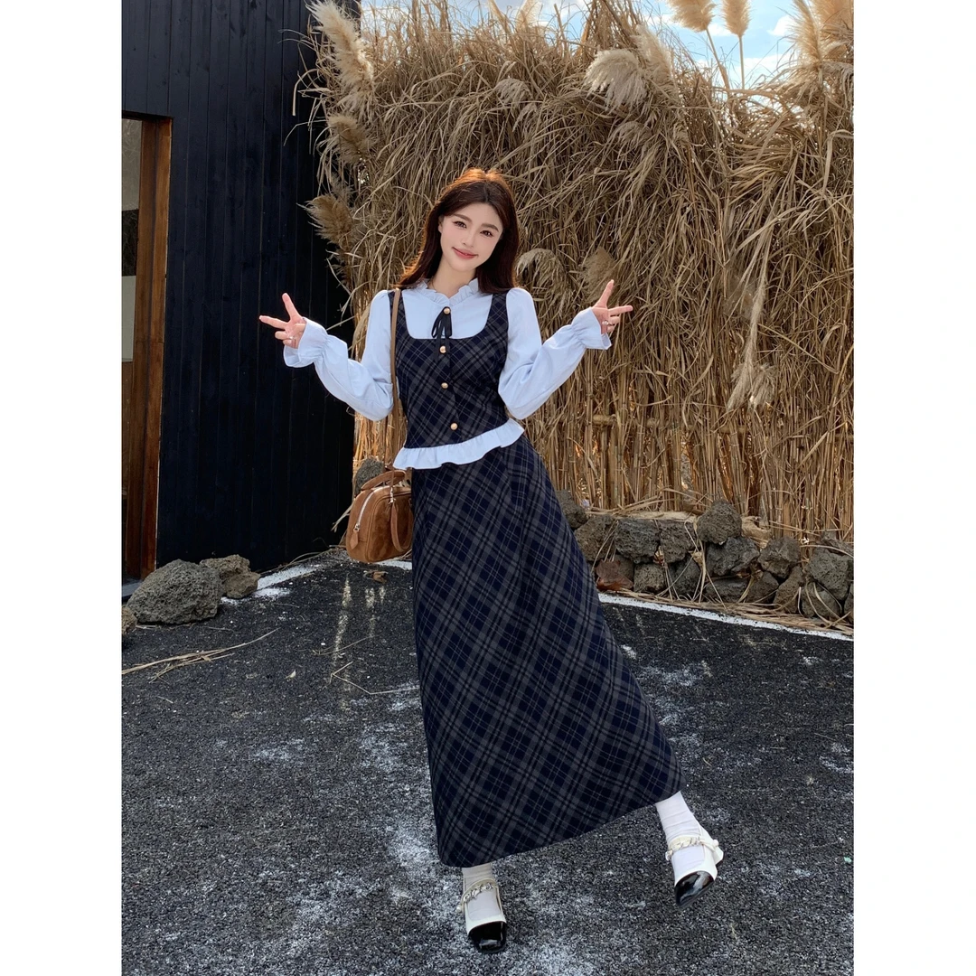 大码假两件撞色上衣2025秋冬新款减龄学院风遮肚显瘦两件套女