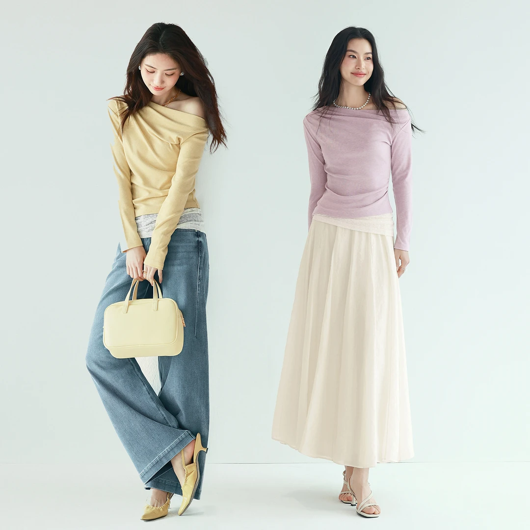 伊芙丽斜肩气质设计感拼接蕾丝长袖T恤女春季淑女上衣女欧若风