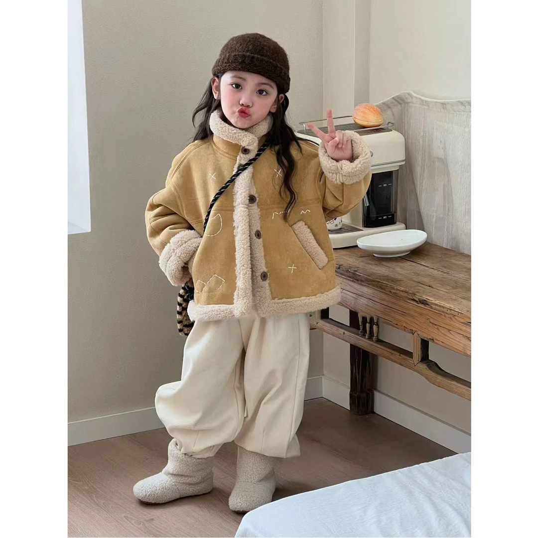 女童羊羔毛外套冬季新款洋气女孩皮毛一体宝宝加绒保暖上衣潮