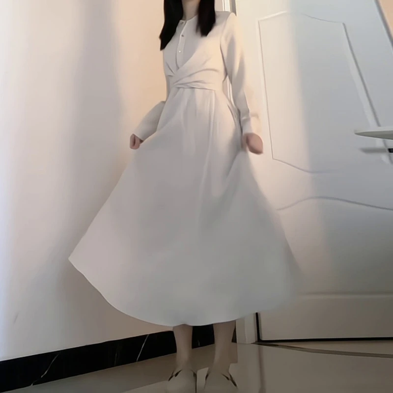 秋季新款大码女装中长裙圆领A字裙系带胖mm收腰显瘦白色连衣裙