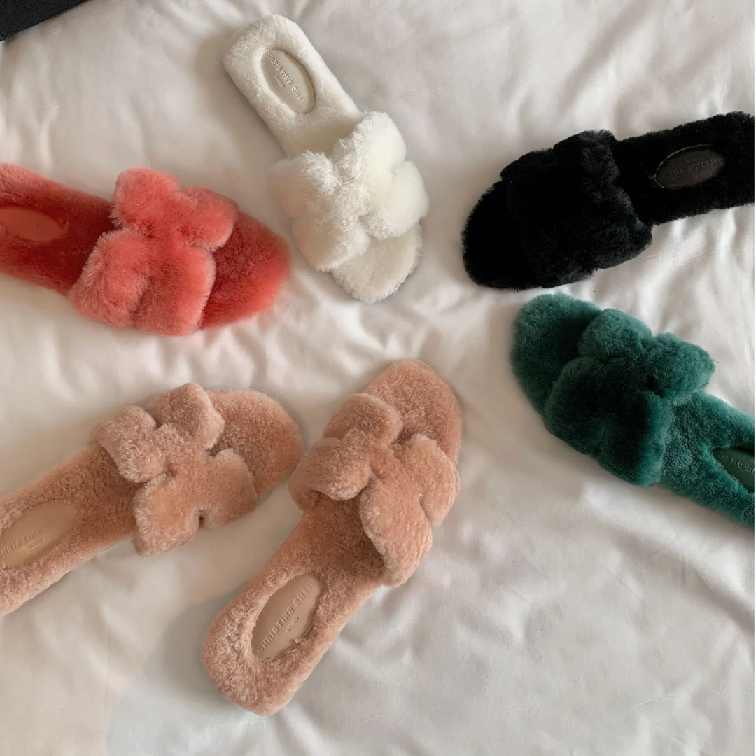 【年中钜惠】贵妇级~新款方头H型平底羊毛毛拖鞋女外穿秋冬E3306008