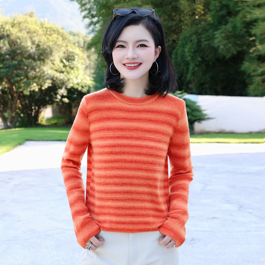 枫竺阿楠anan绵羊毛圆领条纹长袖针织衫女秋冬装显瘦毛衣打底上衣