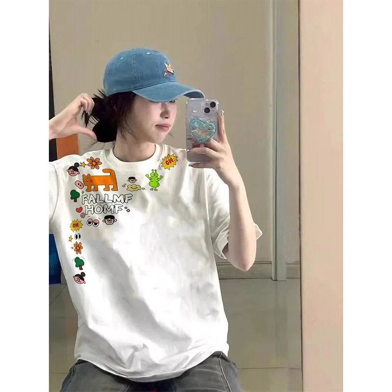 夏款重磅纯棉休闲慵懒风美式时尚女款薄款短袖宽松感T恤印花半袖