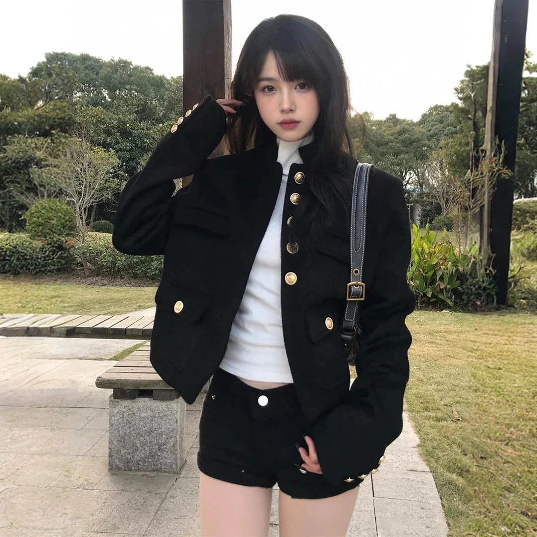 美式复古痞帅黑色小香风短款外套女2025秋季新款休闲正肩夹克上衣