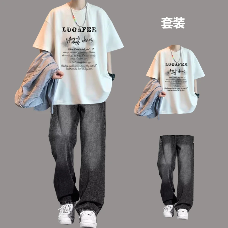 以舟夏季纯棉美式高街短袖t恤套装男士男装一套搭配宽松休闲穿搭