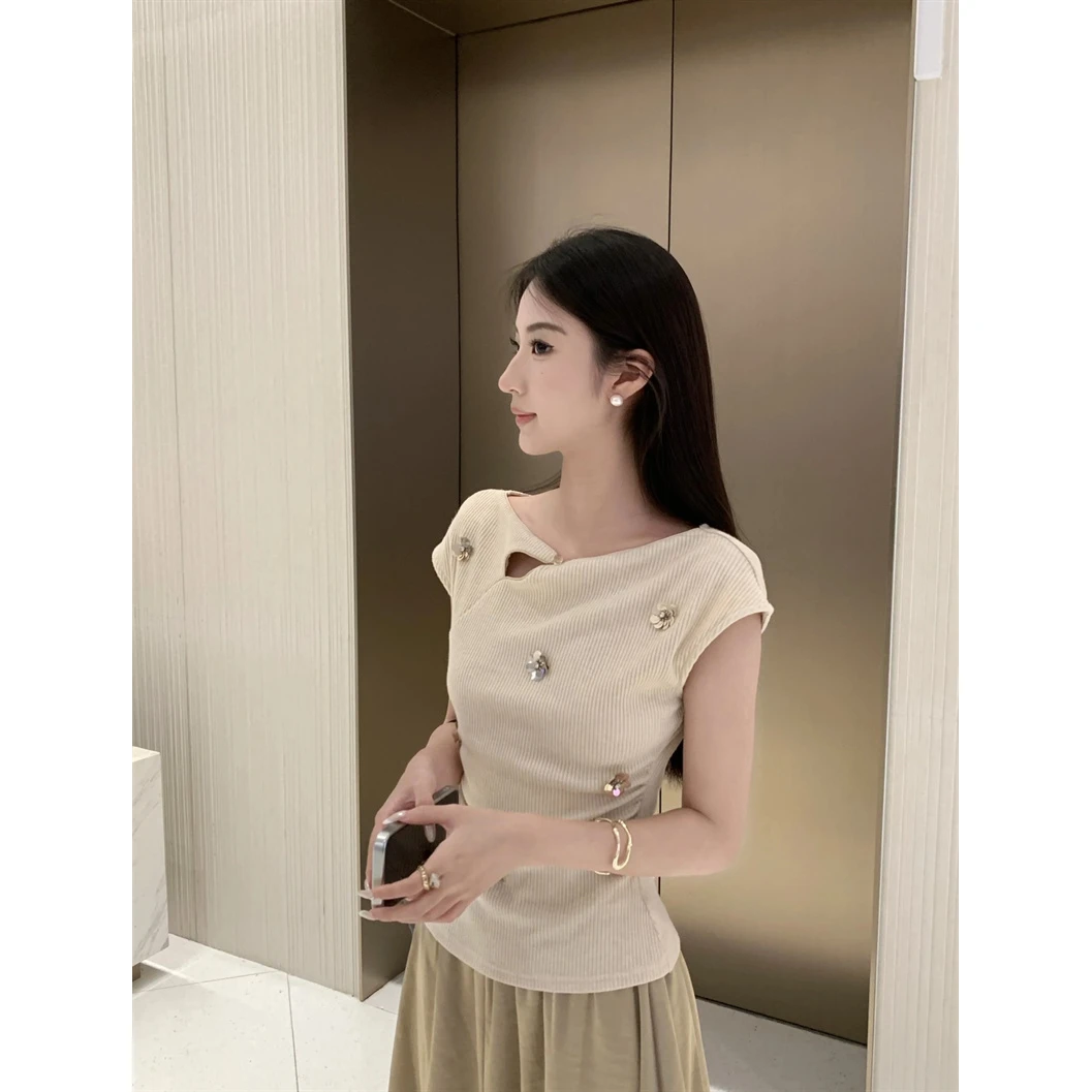 法式温柔风针织短袖t恤女夏季修身显瘦设计感小众独特小飞袖上衣