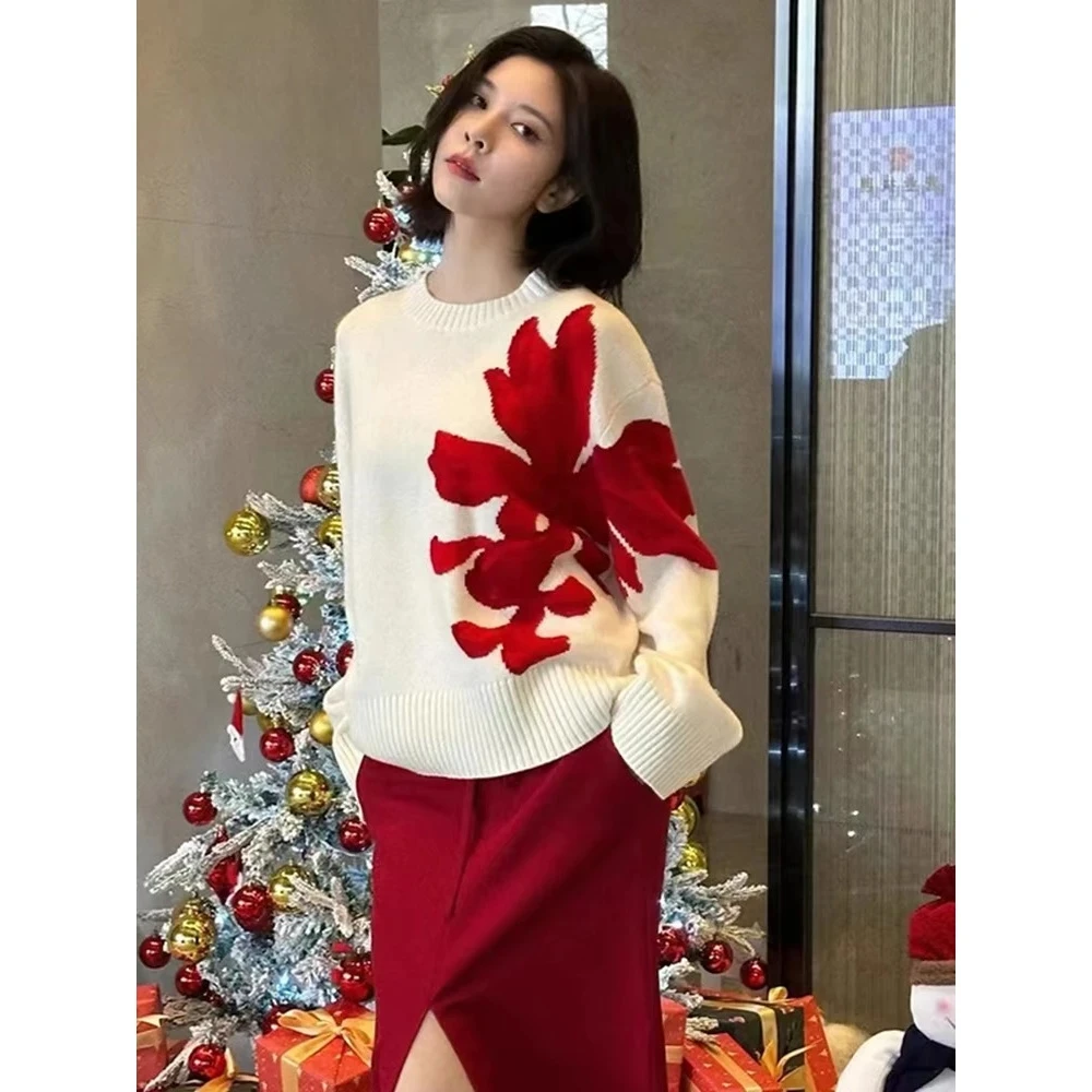 2025红色圆领毛衣女2025春季新款宽松慵懒风套头内搭针织衫印花上