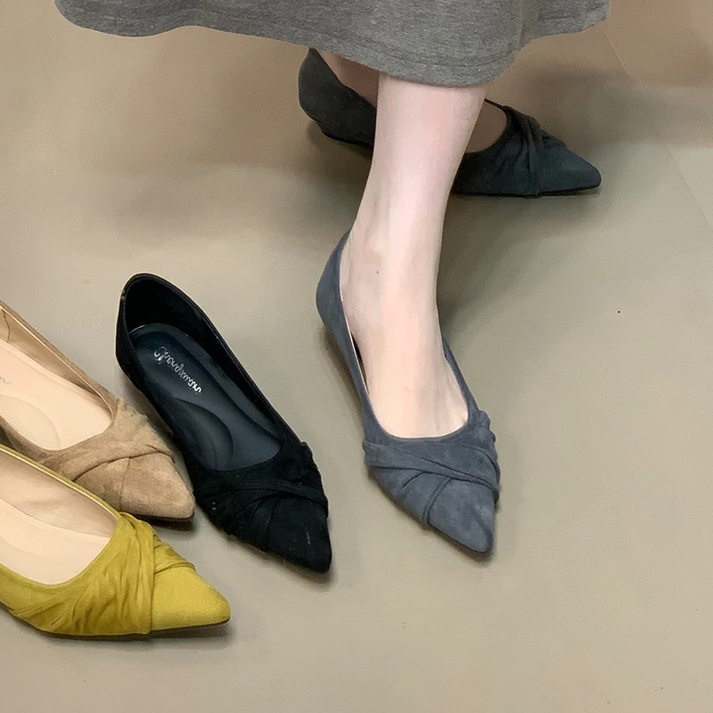 绒面气质尖头扭结设计感单鞋秋季新款低跟通勤鞋休闲