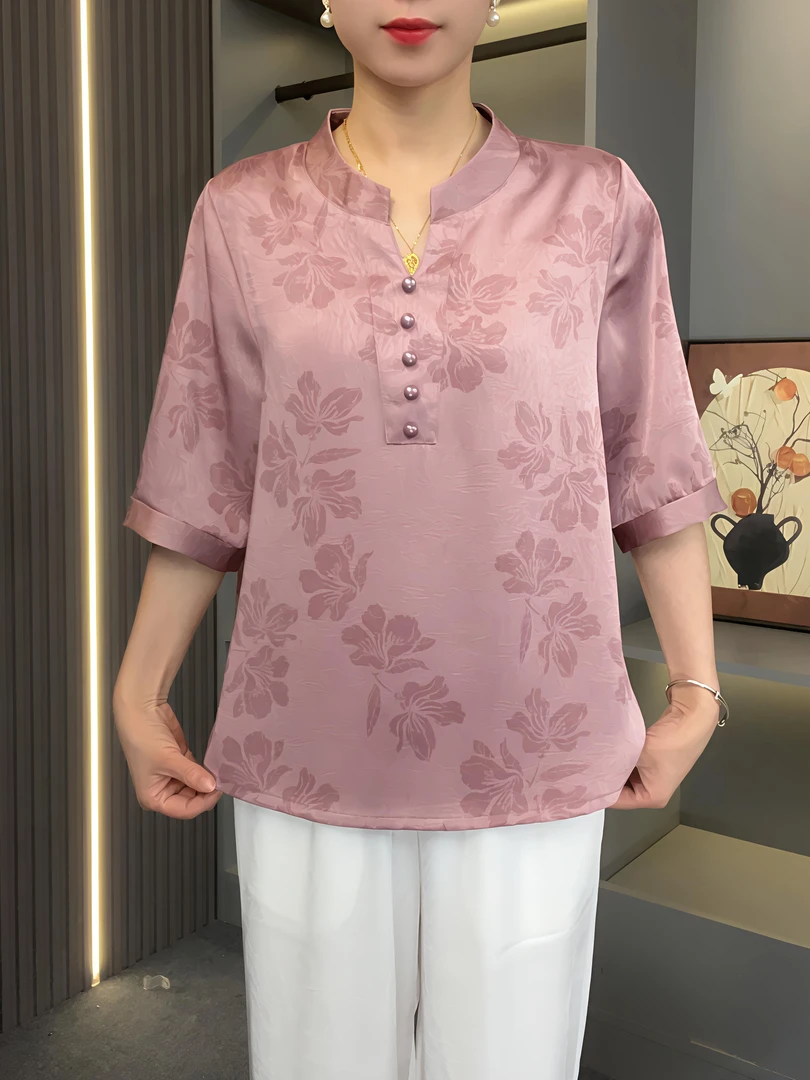 25春季新款V领宽松小衫妈妈装遮肉显瘦[逸韵繁花]