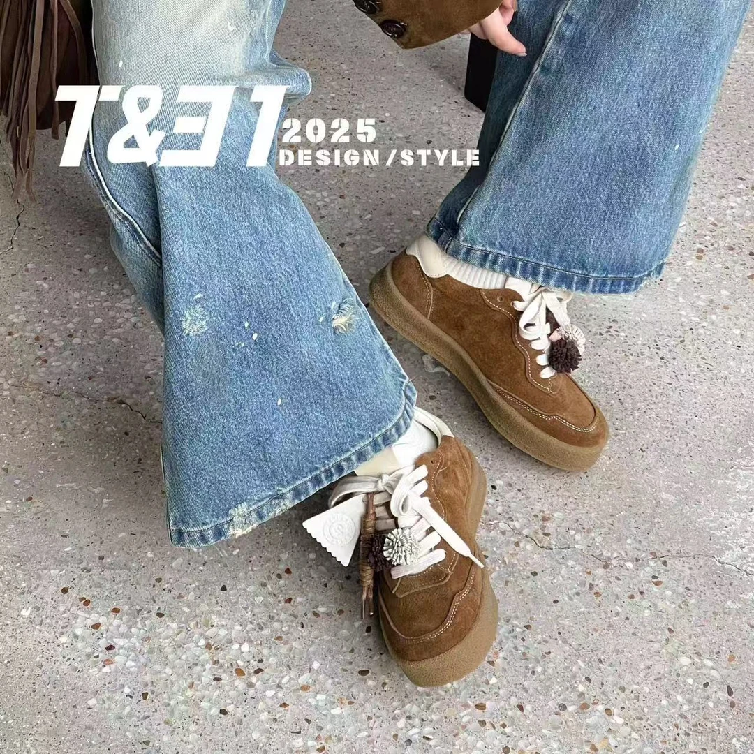 T31女鞋2025秋季新款真皮牛筋底舒适德训鞋百搭休闲运动系带板鞋