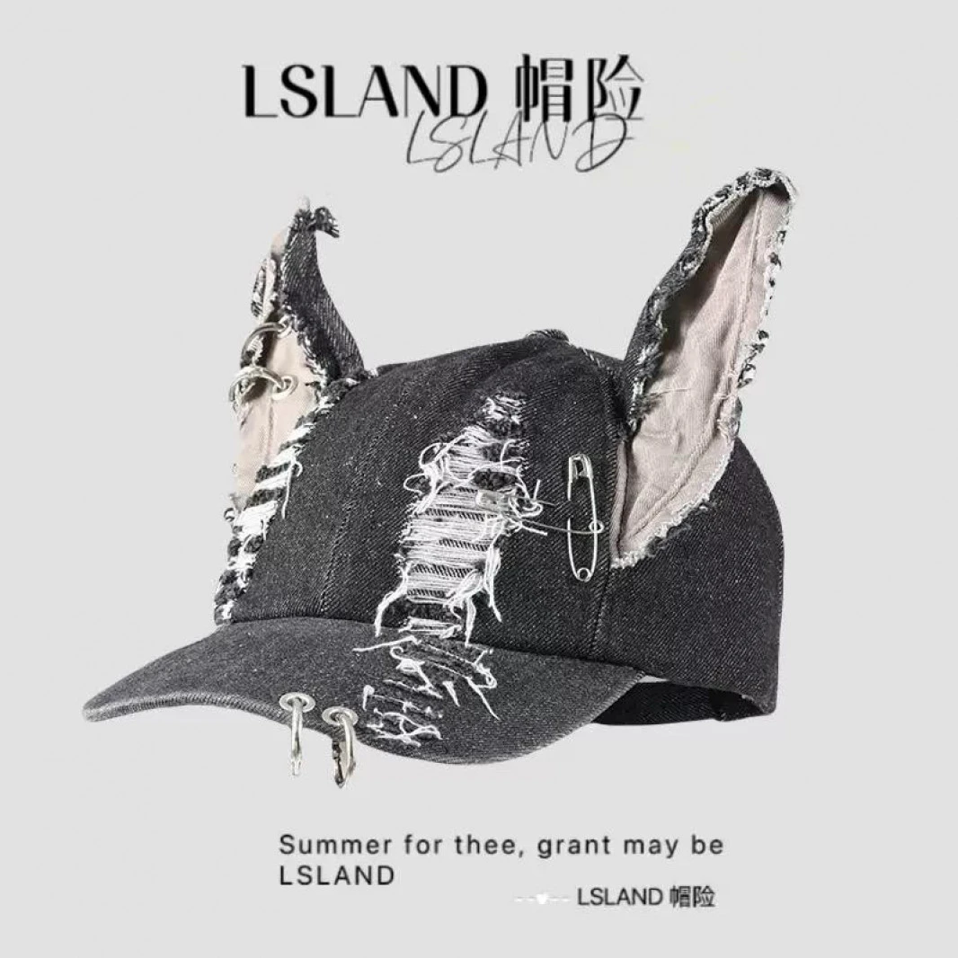 设计师个性铁环牛仔破洞棒球帽子女立体耳朵街头鸭舌帽