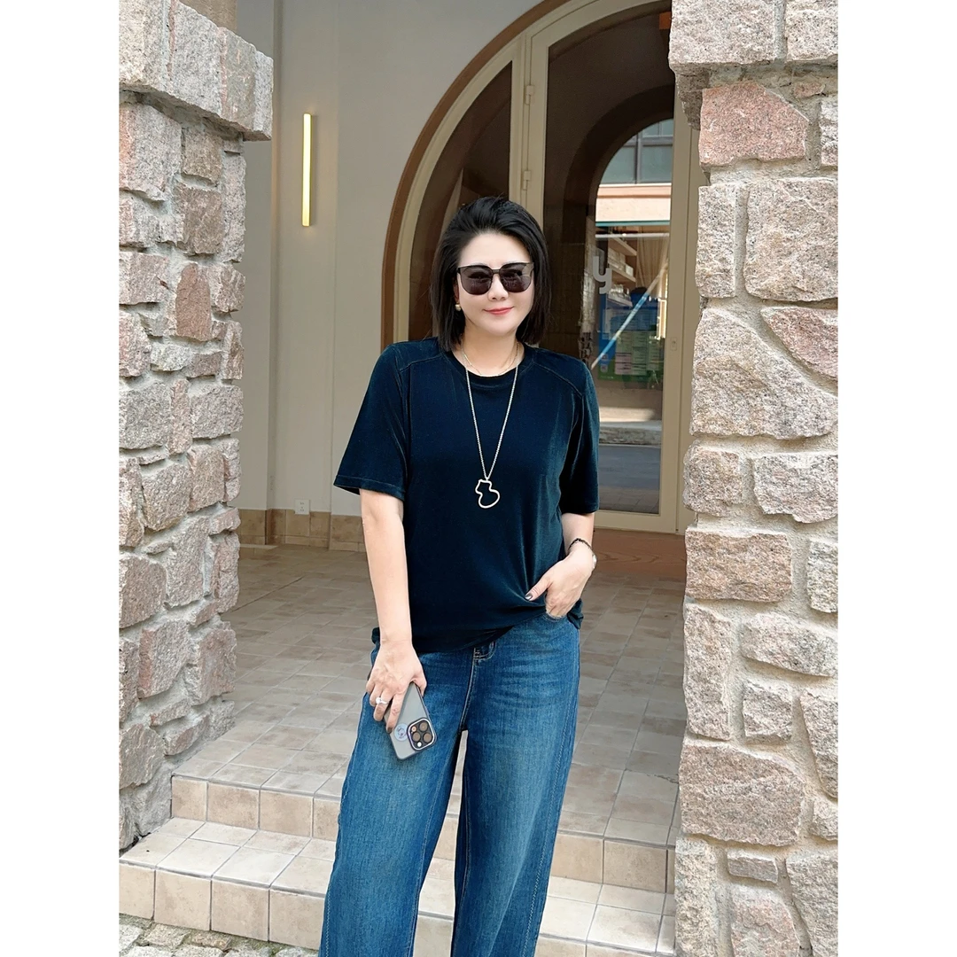 微胖女装【雅韵丝绒】秋季新款高弹丝绒半袖T恤高级短袖20788