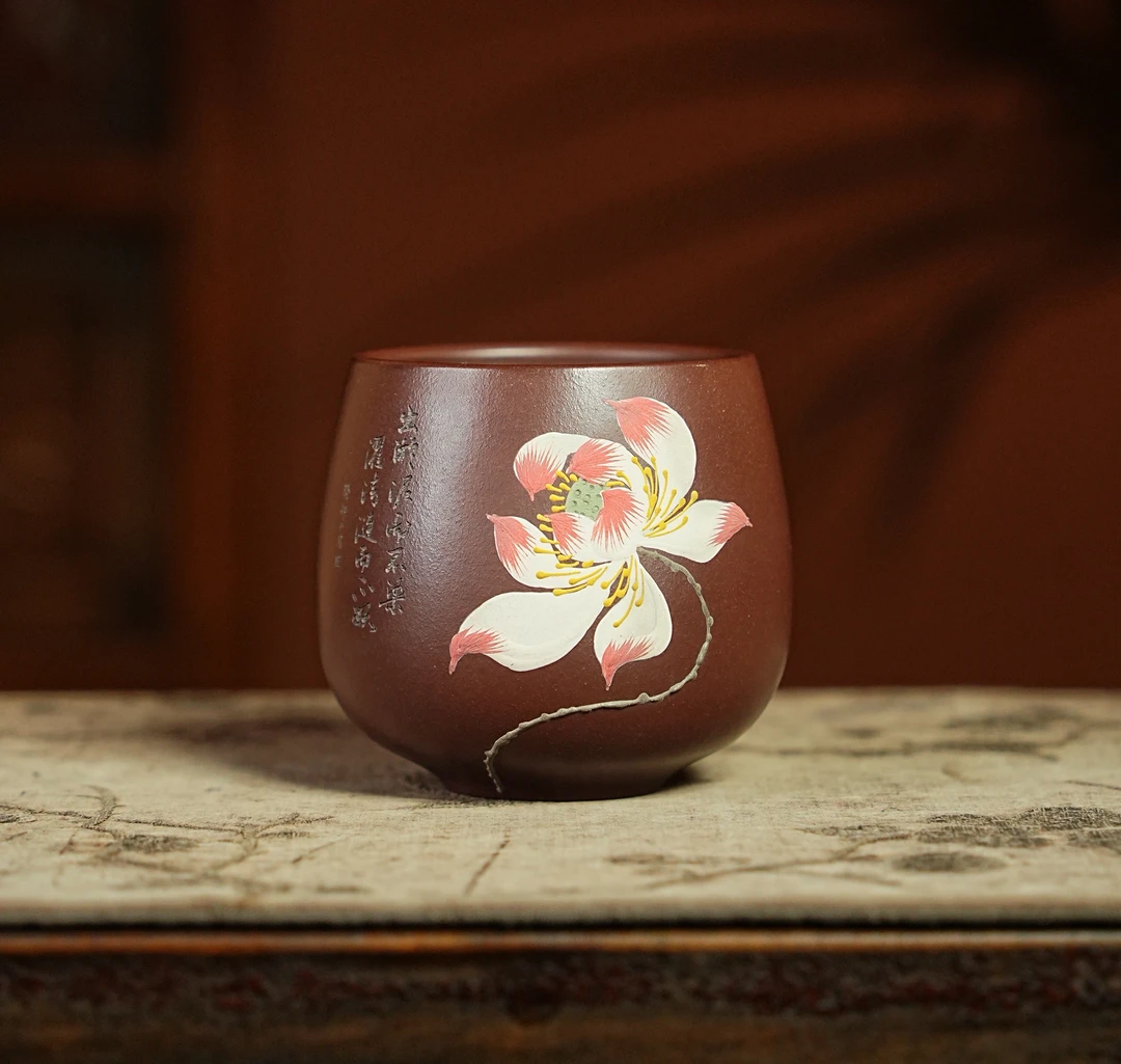500 宜兴原矿紫砂石红泥料纯手工手绘荷花女士高端品茗杯主人杯