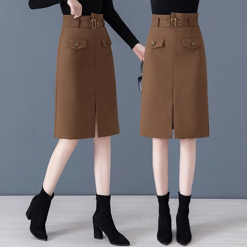 法劳格西装半身裙女春秋季2025新款高腰a字中长款显瘦开叉一步包