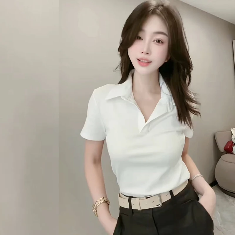 2025夏季新款气质通勤风polo领洋气短袖T恤女装时髦修身显瘦上衣