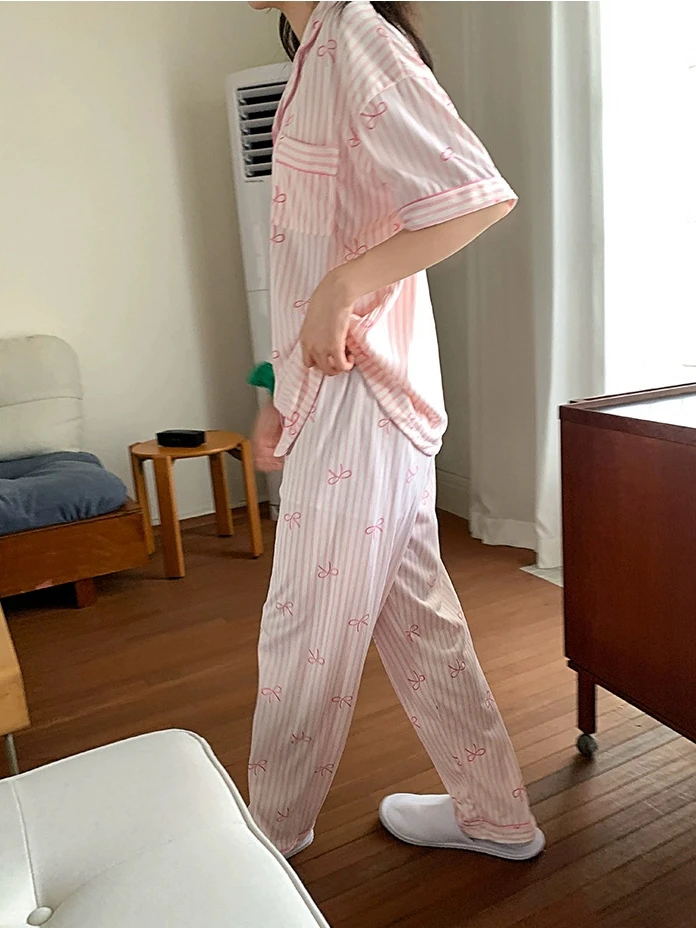 夏季睡衣三件套韩版甜美条纹蝴蝶结皱布短袖长裤短裤居家服套装