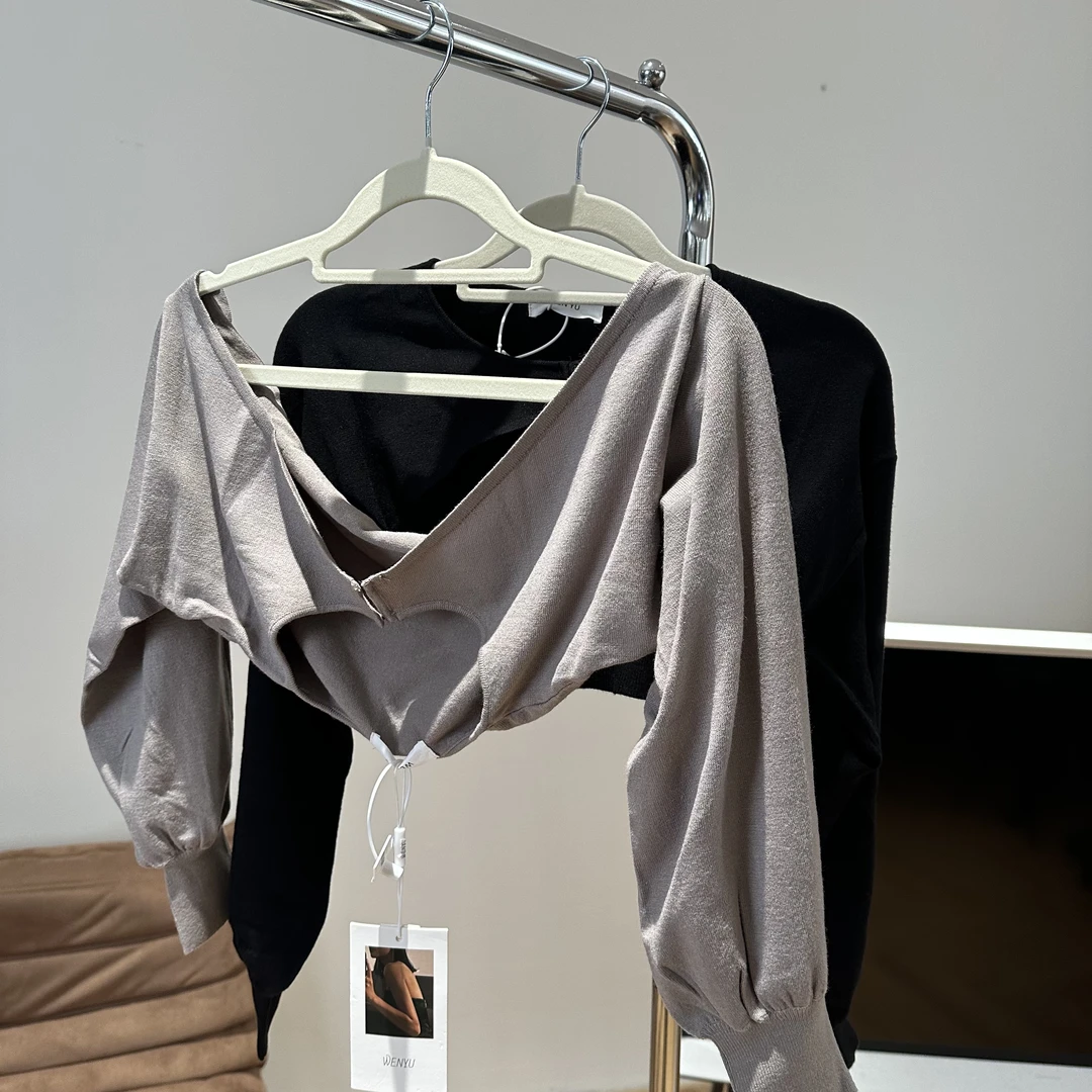 VENUIE纯色宽松复古针织开衫百搭设计感针织上衣X8105