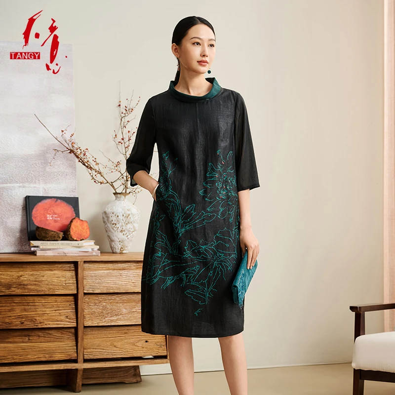TANGY/天意2025春季民族风国风手绘堆领女士7分袖连衣裙2252812