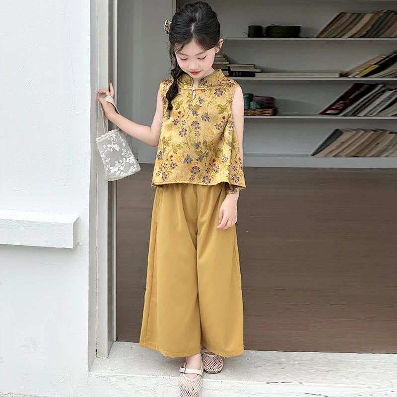 小女孩女童新款无袖两件套夏季薄款新中式潮流潮款套装中大童夏装