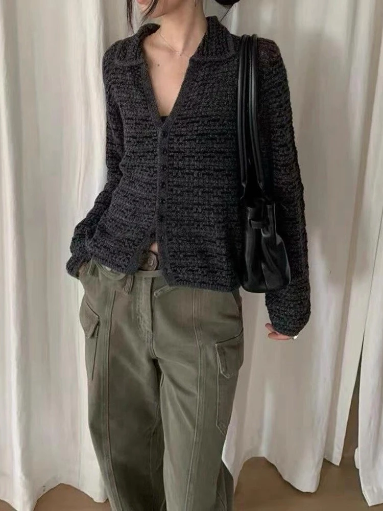 /小香开衫/翻领长袖纯色柔软舒适针织开衫上衣 衣长58 8801