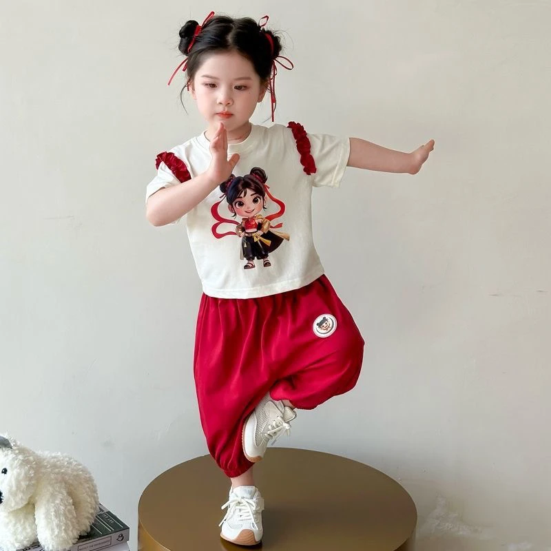 女童夏季套装哪吒印花薄款透气短袖儿童裤子亮灯中小童洋气两件套