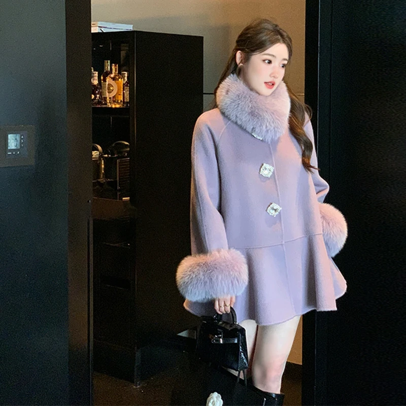 韩系高级感紫色毛毛领斗篷呢子大衣女款小个子独特超好看毛呢外套