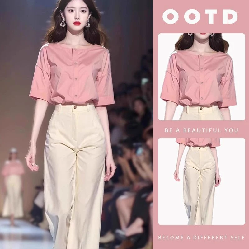 夏季套装女2025年新款多巴胺穿搭气质衬衫短袖配显瘦阔腿裤两件套