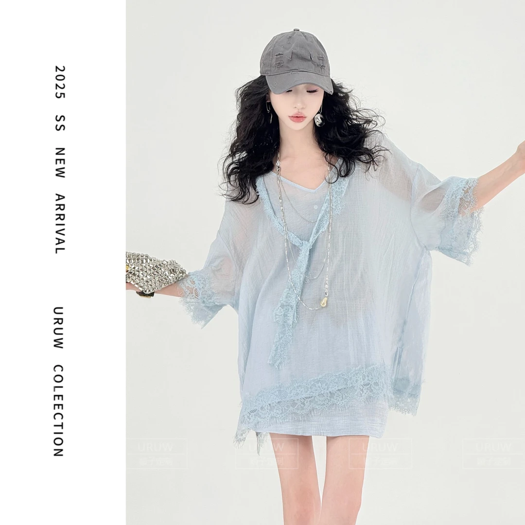 颖子定制【微风画卷】设计感拼接蕾丝V领T恤夏季宽松短袖上衣9571