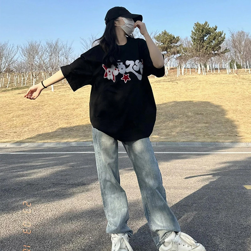 小众加宽加大女装炸街ins图案设计感宽松黑色短袖T恤中长款上衣潮