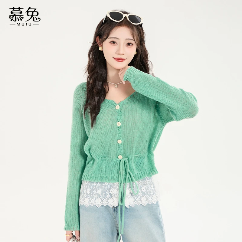 慕兔法式蕾丝拼接针织衫女2025夏季新款设计感小众宽松长袖上衣薄