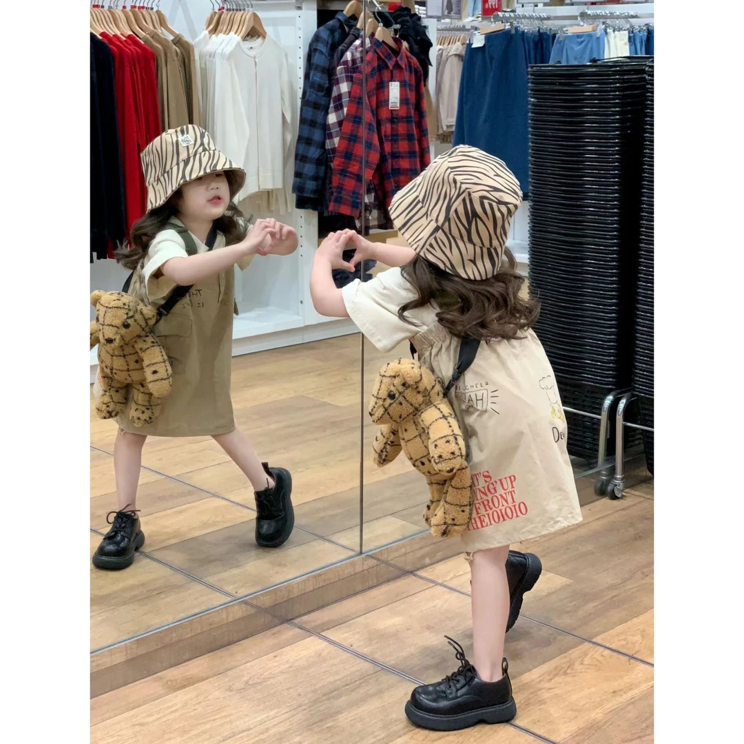 大橙子Studio女童2025夏季款日系卡通印花口袋背带裙短袖T恤套装