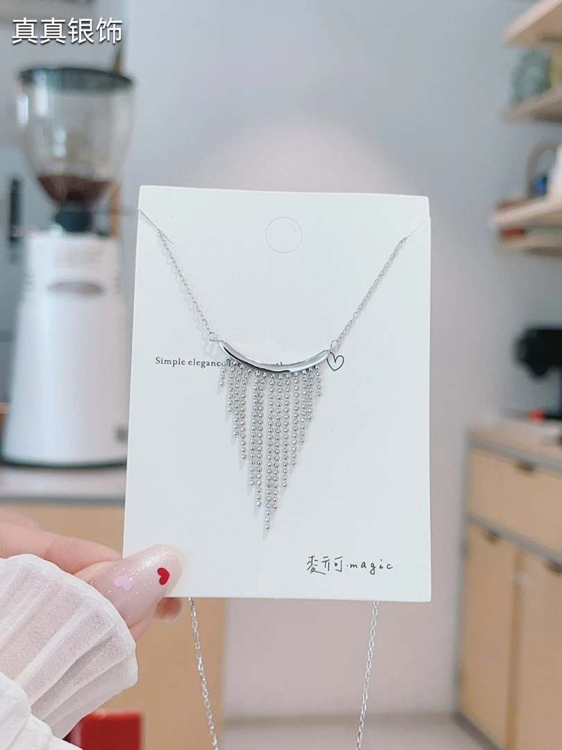 坠链均925银 纯银s925流苏三角套链白金色项链