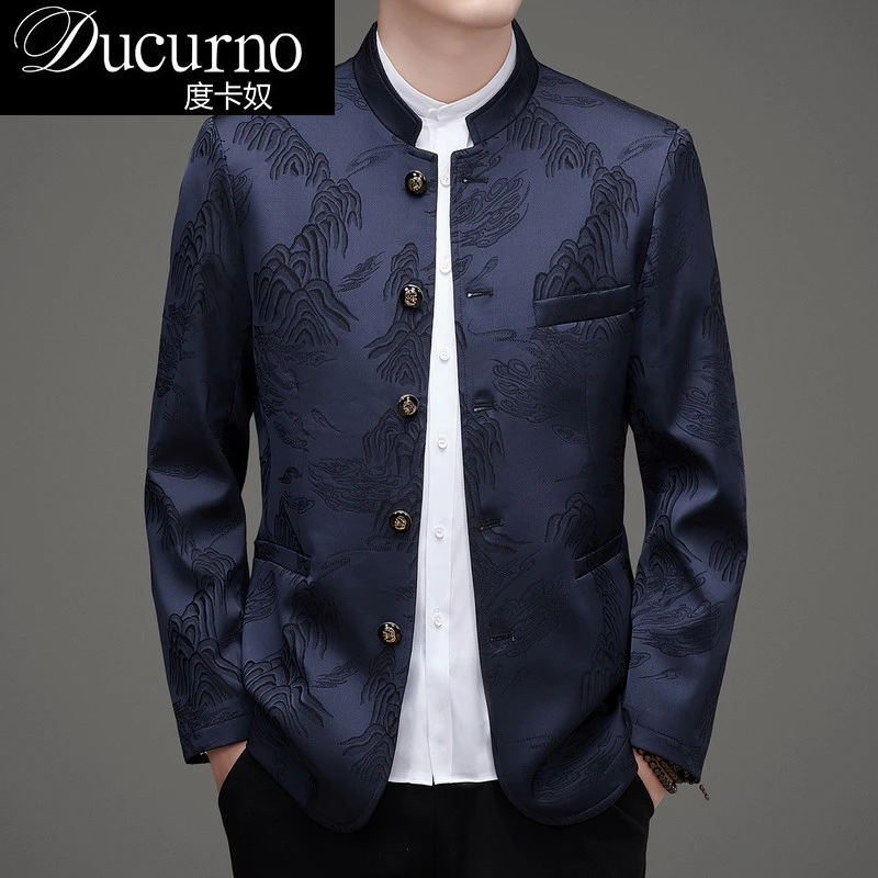 2025秋季唐装立领西服外套男士中国风休闲复古爸爸中山装夹克潮流