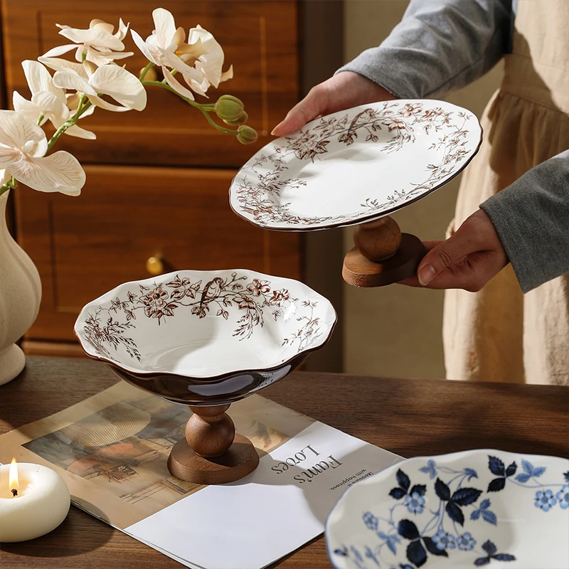 舍里中式高脚果盘干果碟家用陶瓷点心盘精致小水果盘糕点茶点盘子