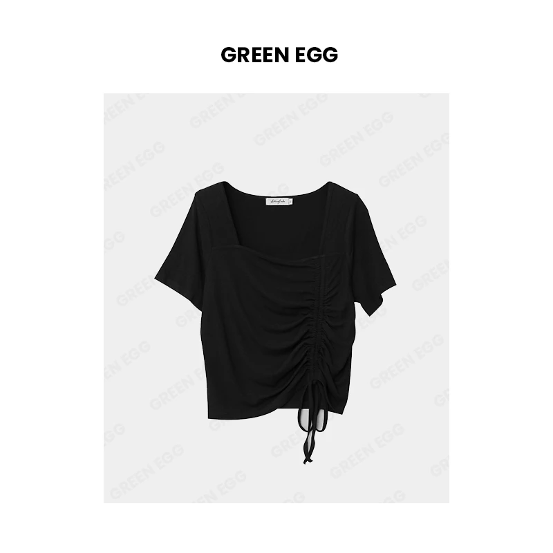 【年末狂欢】W1011方领短袖T恤夏加肥遮肉弹力女上衣抽绳衫