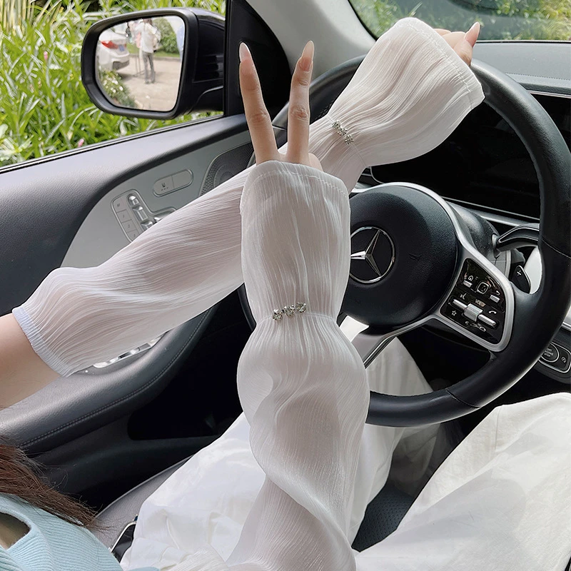 夏季宽松版防晒镶钻冰袖冰丝防晒袖户外骑开车薄款雪纺仙