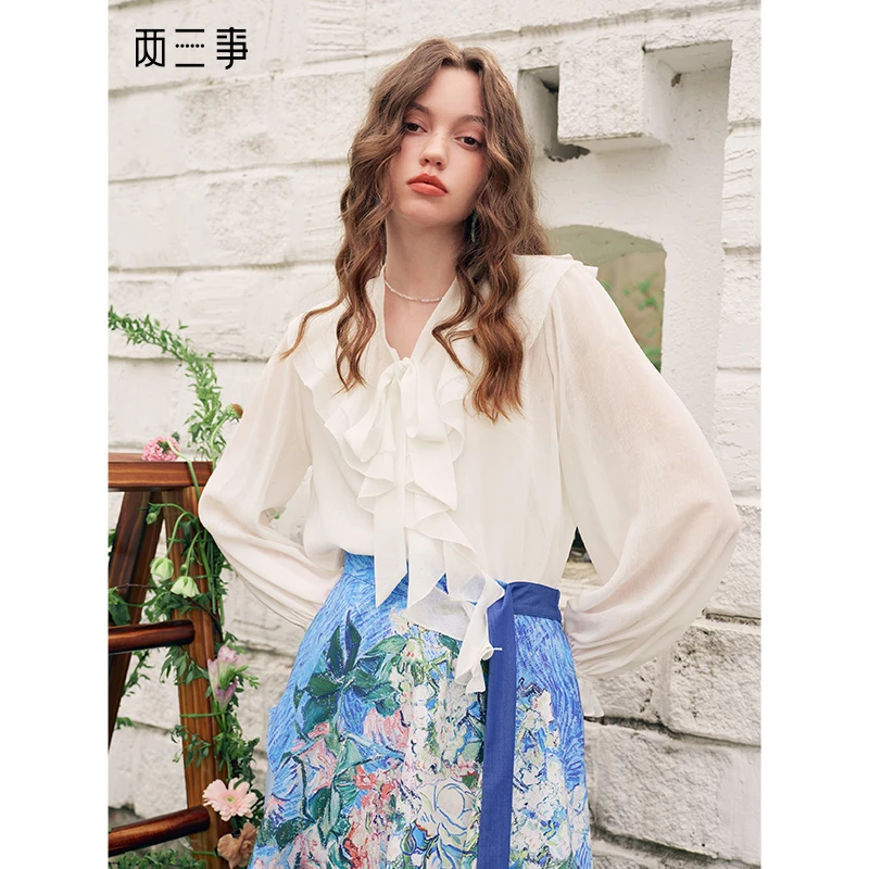 两三事浮浪梦云 2025夏季新款法式荷叶边绑带领两件套长袖衬衫女