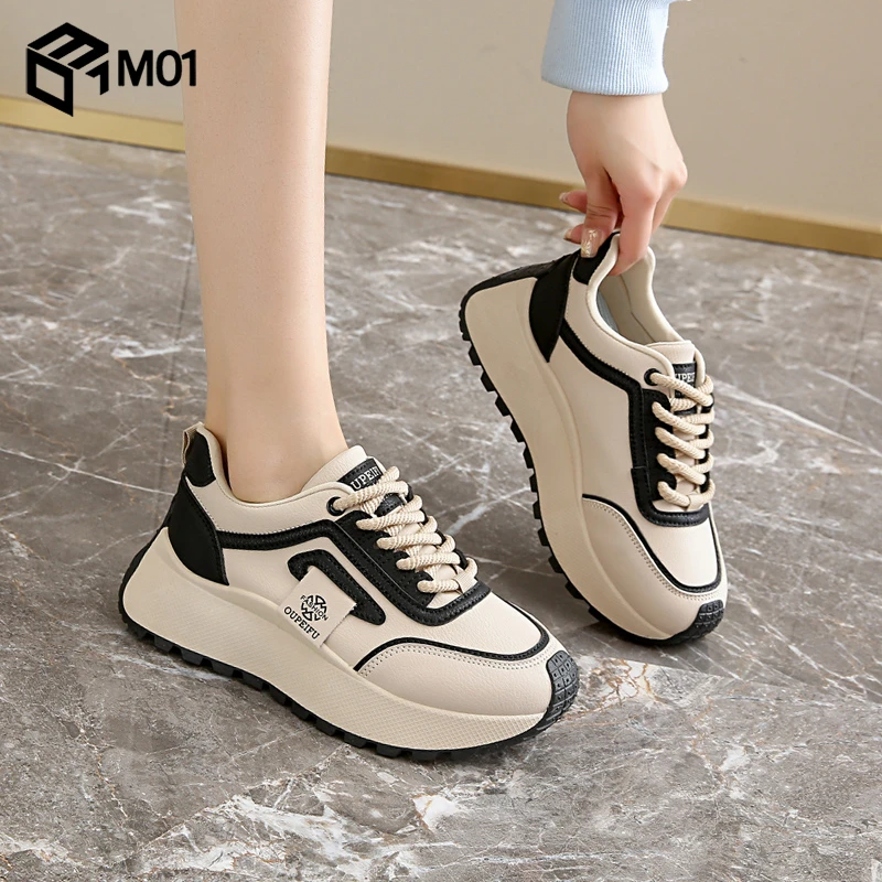 M01踩屎感皮面运动鞋女士2025年春季厚软底时尚休闲鞋防滑阿甘鞋
