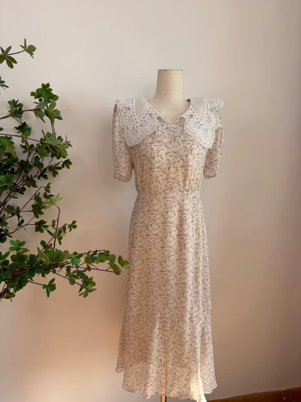 no-退新款娃娃领碎花雪纺连衣裙修腰温柔风法式长裙