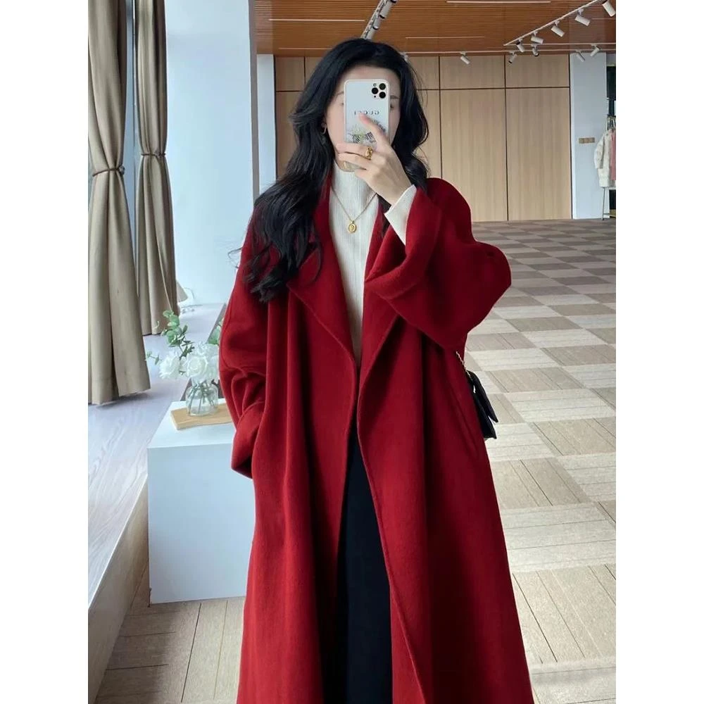 西西里红色双面羊绒大衣女小个子2025秋冬新款宽松高级感毛呢外套