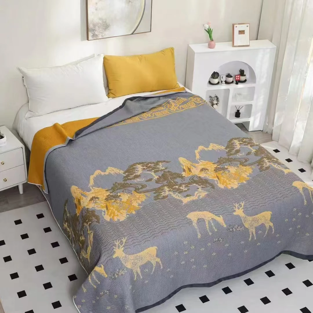 福鹿双全2*2.3米纯棉床盖透气纱布毯双面可用可铺可盖色织提花