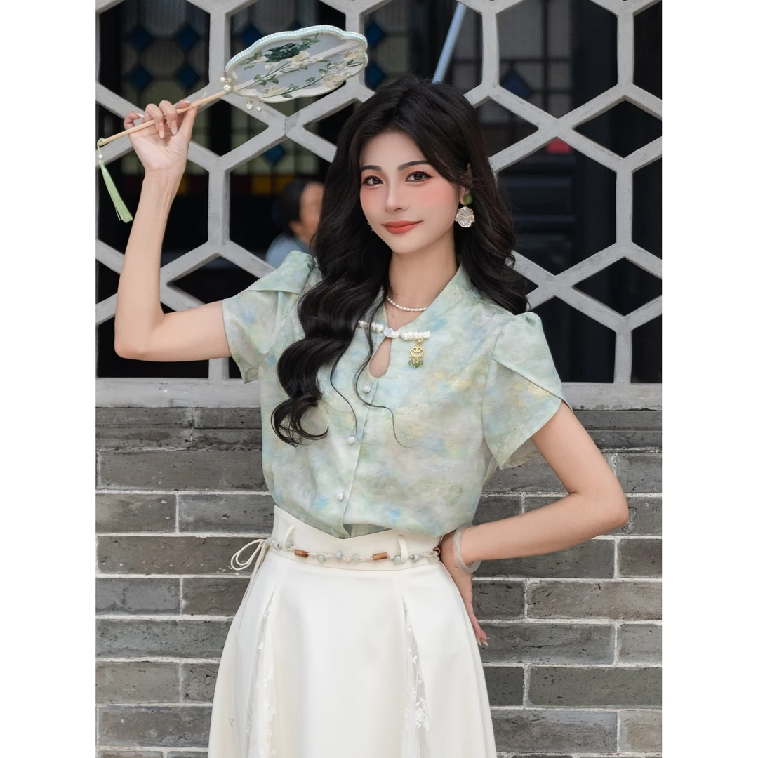 LIJIUJIU【碧波琉璃】夏气质短袖复古风显瘦提花印花衬衫YX250661