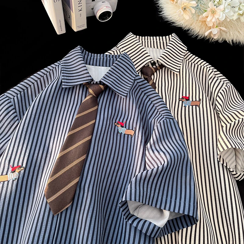 条纹短袖衬衫男生腊肠狗刺绣夏季青少年潮牌领带衬衣美式宽松半袖