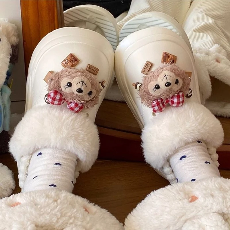 可爱毛绒熊棉拖鞋女款2025冬季新款外穿厚底增高软底包头包跟棉拖