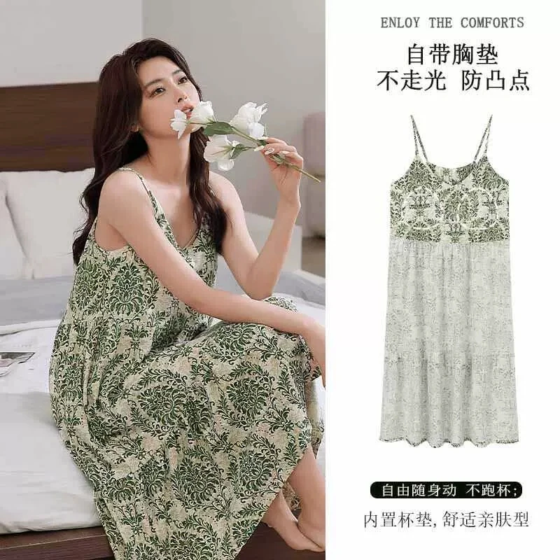 云朵棉夏款薄荷曼波吊带睡裙2025新款夏季薄款带胸垫睡衣
