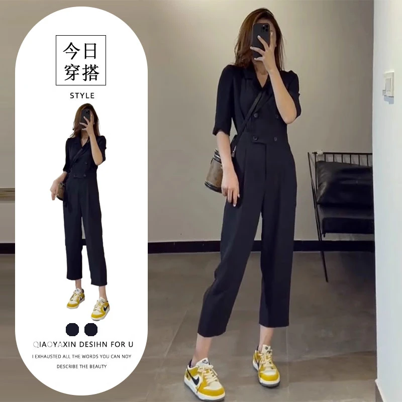 西装短袖连体裤套装女夏季新款收腰显瘦双排扣休闲西装领连体衣裤